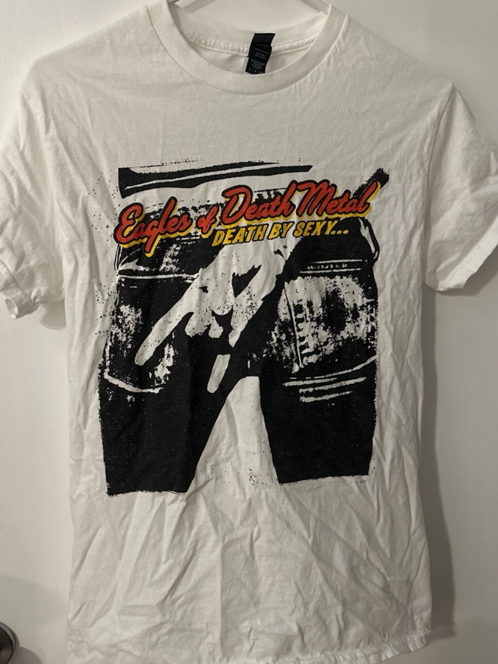 Gildan White Short-Sleeve Band Tee with Black Graphic and Red-Yellow Text